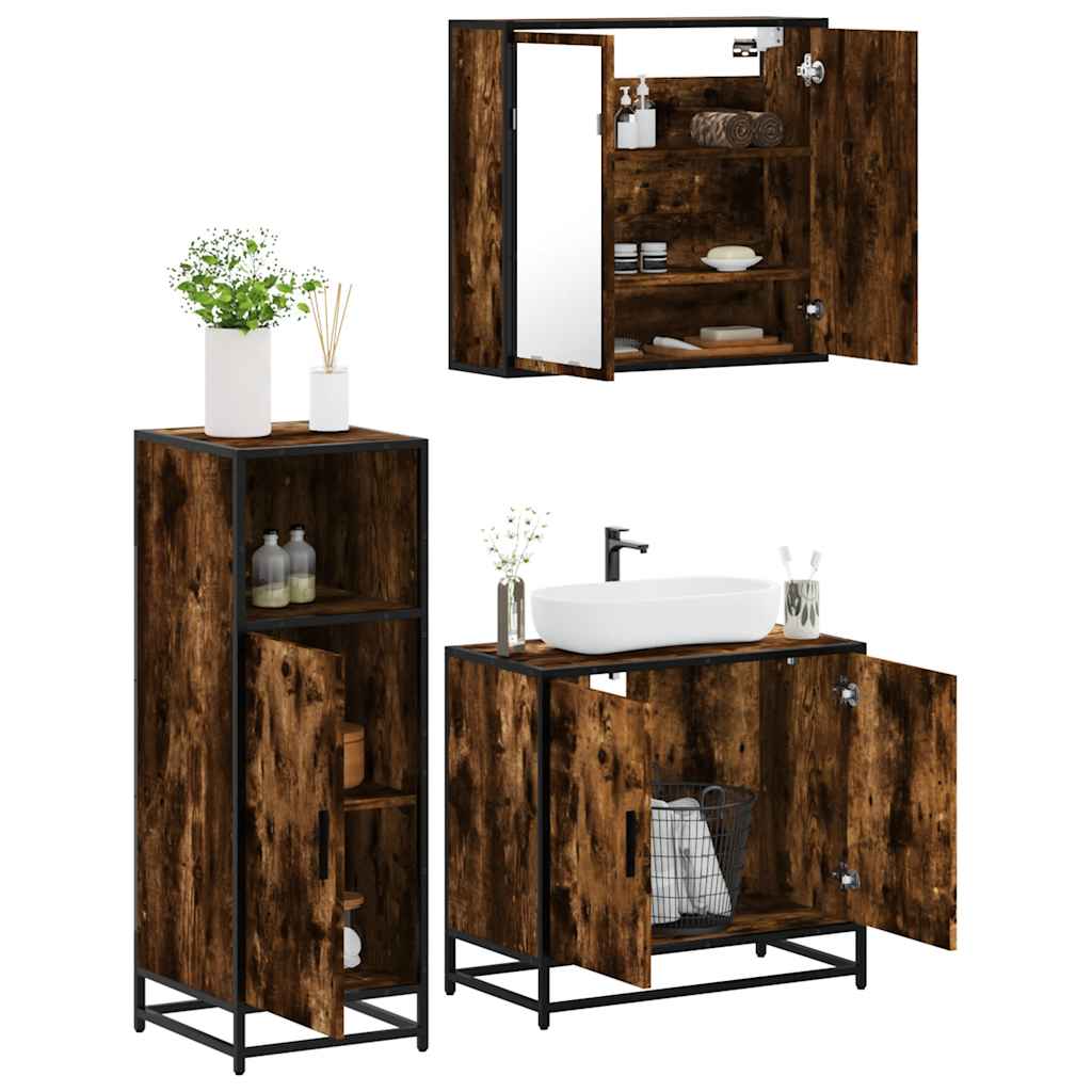 3-delige Badkamermeubelset bewerkt hout gerookt eikenkleurig is nu te koop bij PeponiXL, paradijselijk wonen!