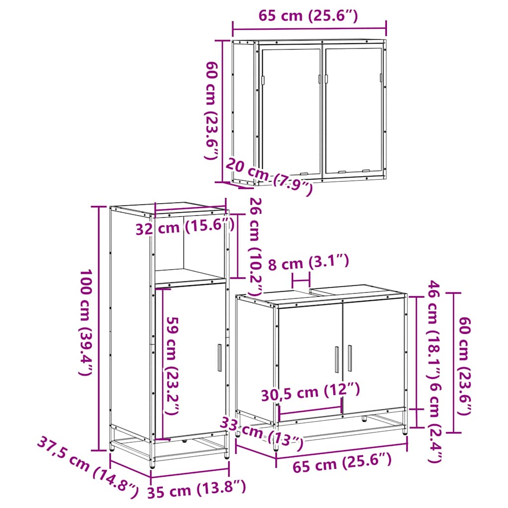 3-delige Badkamermeubelset bewerkt hout grijs sonoma eikenkleur is nu te koop bij PeponiXL, paradijselijk wonen!
