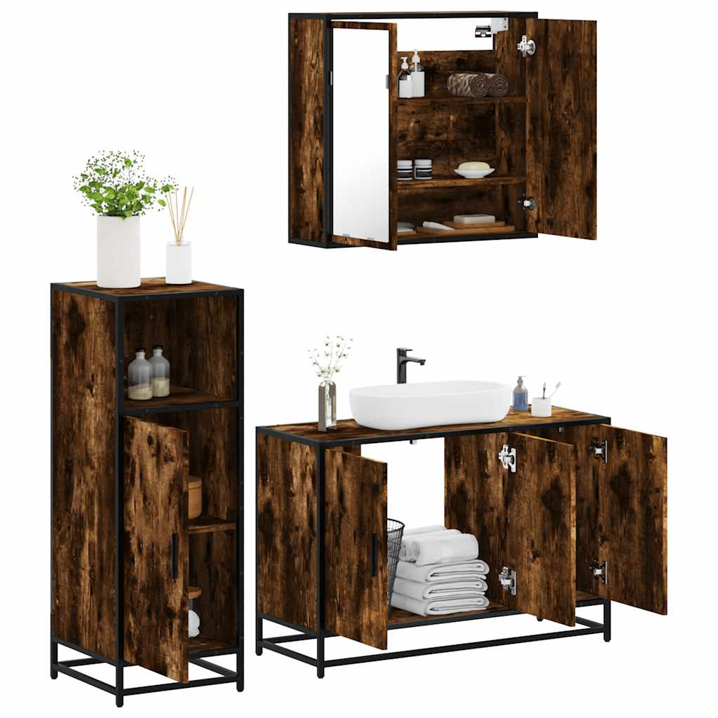 3-delige Badkamermeubelset bewerkt hout gerookt eikenkleurig is nu te koop bij PeponiXL, paradijselijk wonen!