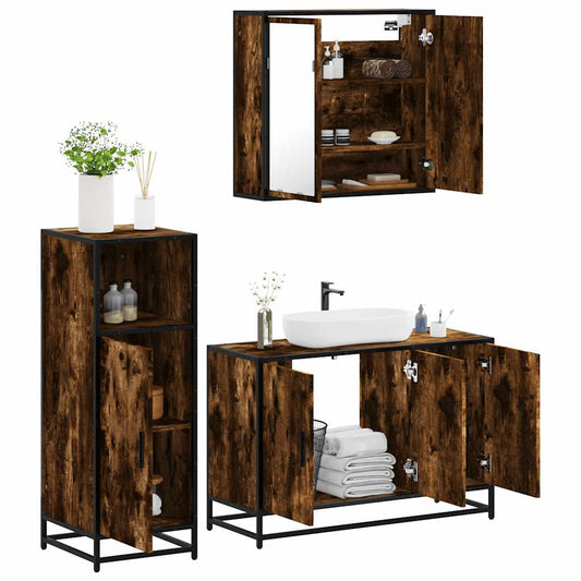 3-delige Badkamermeubelset bewerkt hout gerookt eikenkleurig is nu te koop bij PeponiXL, paradijselijk wonen!