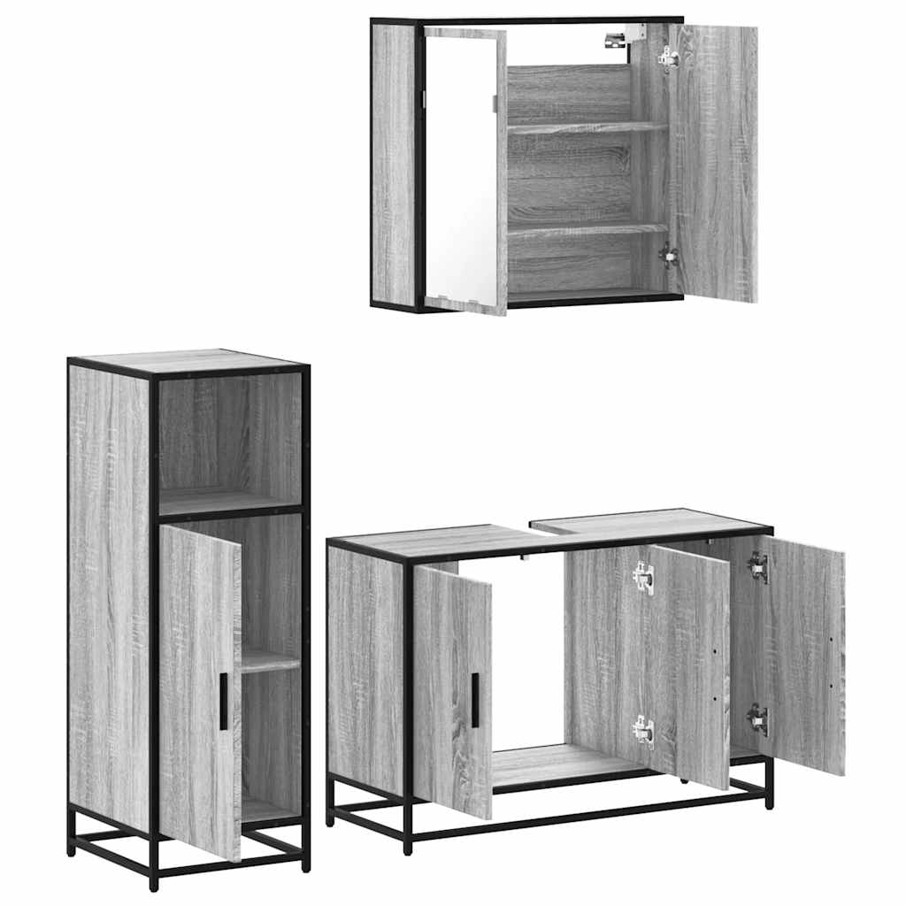 3-delige Badkamermeubelset bewerkt hout grijs sonoma eikenkleur is nu te koop bij PeponiXL, paradijselijk wonen!