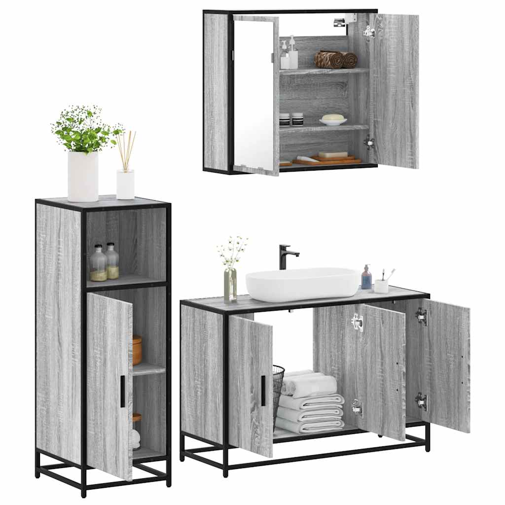 3-delige Badkamermeubelset bewerkt hout grijs sonoma eikenkleur is nu te koop bij PeponiXL, paradijselijk wonen!