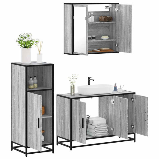 3-delige Badkamermeubelset bewerkt hout grijs sonoma eikenkleur is nu te koop bij PeponiXL, paradijselijk wonen!