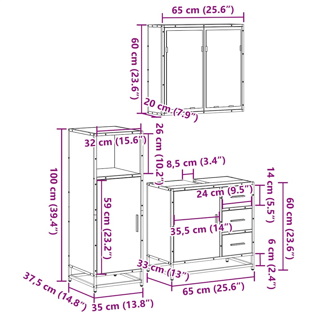 3-delige Badkamermeubelset bewerkt hout sonoma eikenkleurig is nu te koop bij PeponiXL, paradijselijk wonen!