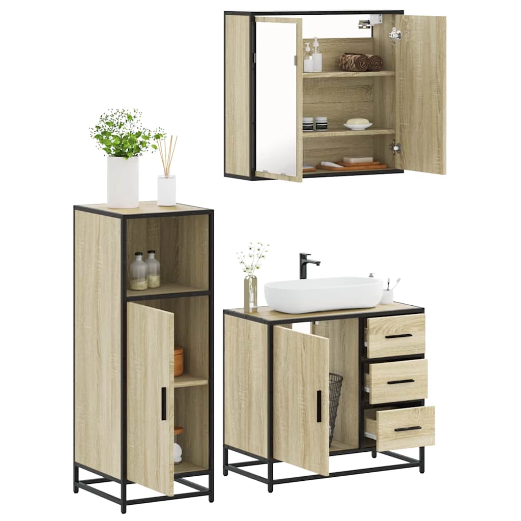 3-delige Badkamermeubelset bewerkt hout sonoma eikenkleurig is nu te koop bij PeponiXL, paradijselijk wonen!