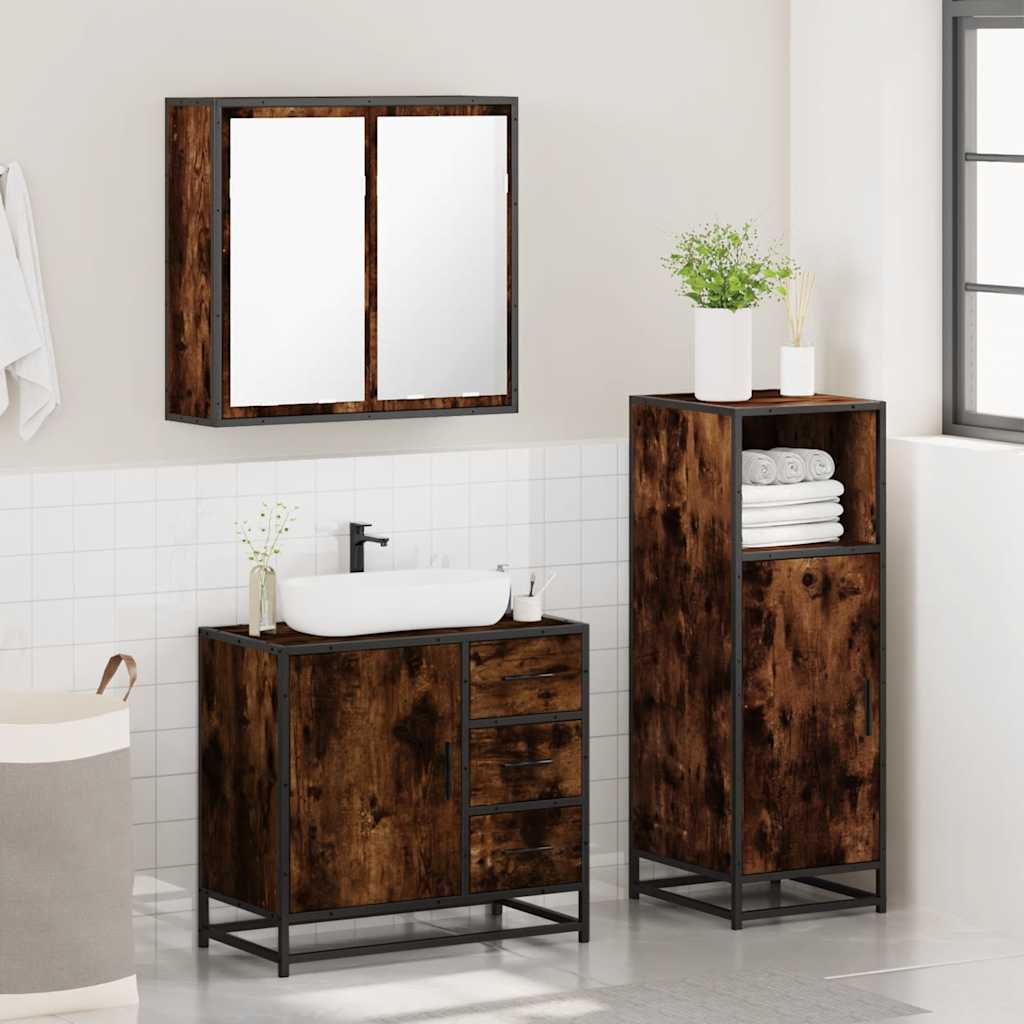 3-delige Badkamermeubelset bewerkt hout gerookt eikenkleurig is nu te koop bij PeponiXL, paradijselijk wonen!