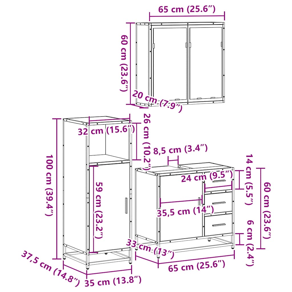 3-delige Badkamermeubelset bewerkt hout gerookt eikenkleurig is nu te koop bij PeponiXL, paradijselijk wonen!