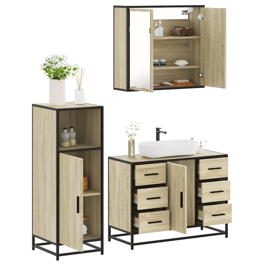 3-delige Badkamermeubelset bewerkt hout sonoma eikenkleurig is nu te koop bij PeponiXL, paradijselijk wonen!