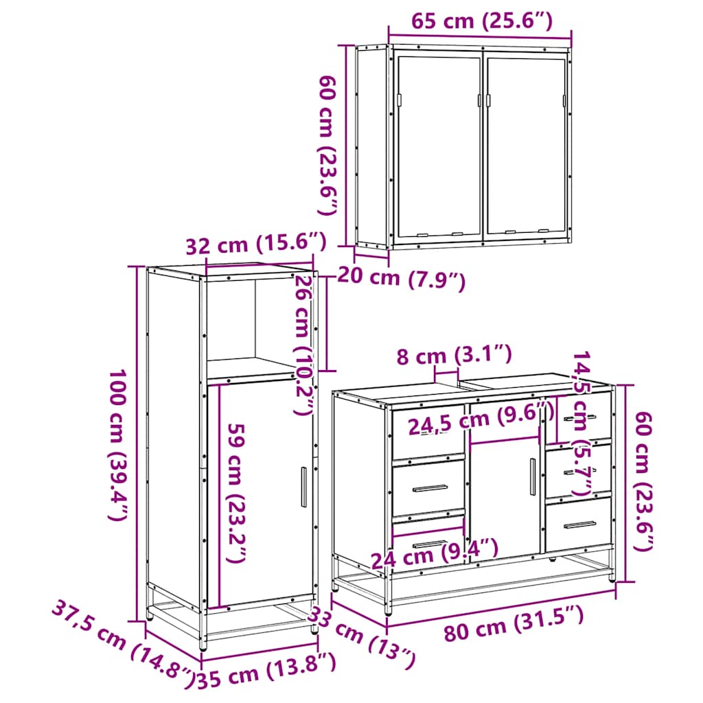 3-delige Badkamermeubelset bewerkt hout gerookt eikenkleurig is nu te koop bij PeponiXL, paradijselijk wonen!