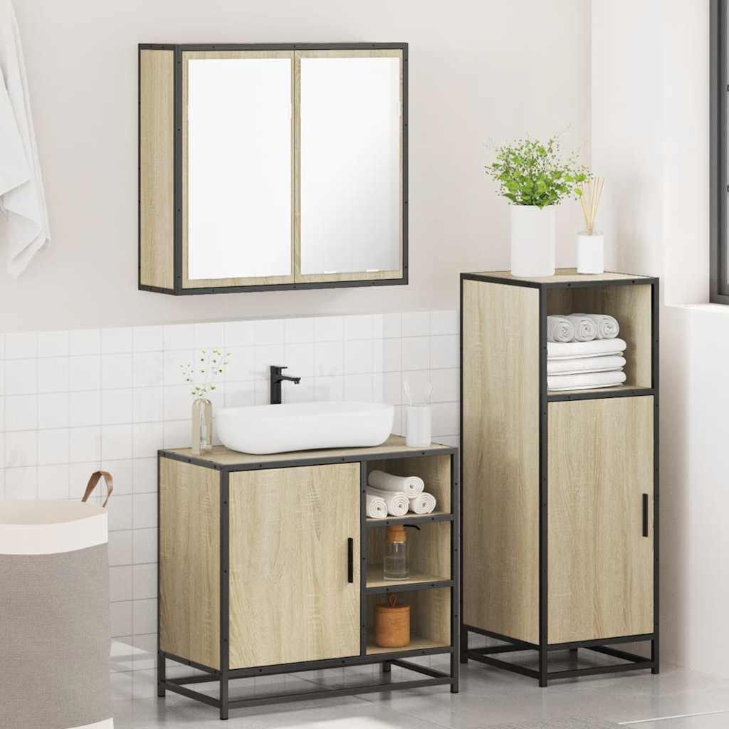 3-delige Badkamermeubelset bewerkt hout sonoma eikenkleurig is nu te koop bij PeponiXL, paradijselijk wonen!