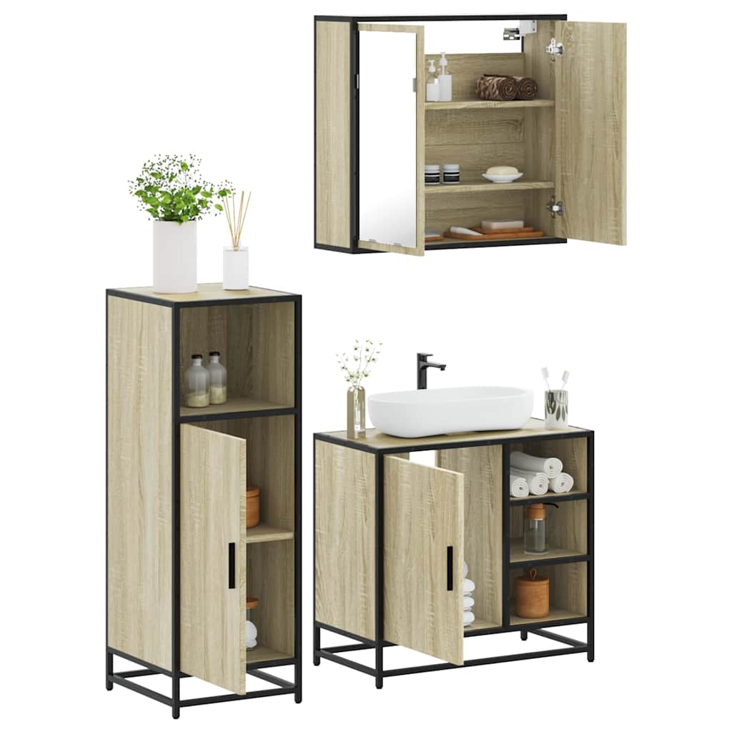 3-delige Badkamermeubelset bewerkt hout sonoma eikenkleurig is nu te koop bij PeponiXL, paradijselijk wonen!