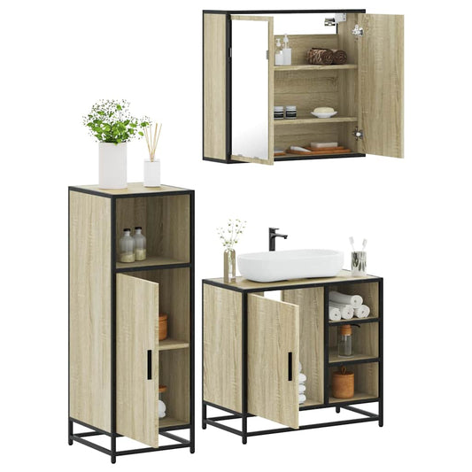 3-delige Badkamermeubelset bewerkt hout sonoma eikenkleurig is nu te koop bij PeponiXL, paradijselijk wonen!
