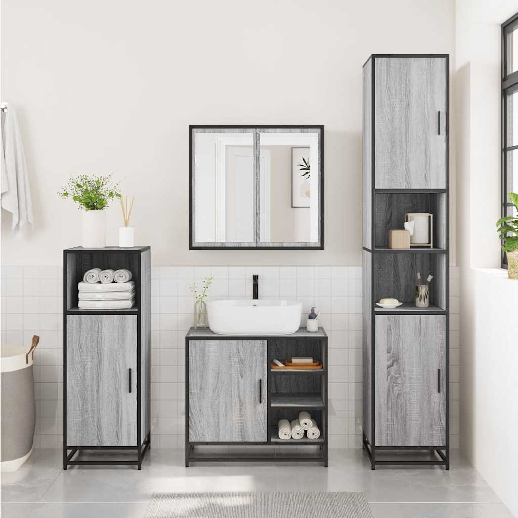 3-delige Badkamermeubelset bewerkt hout grijs sonoma eikenkleur is nu te koop bij PeponiXL, paradijselijk wonen!