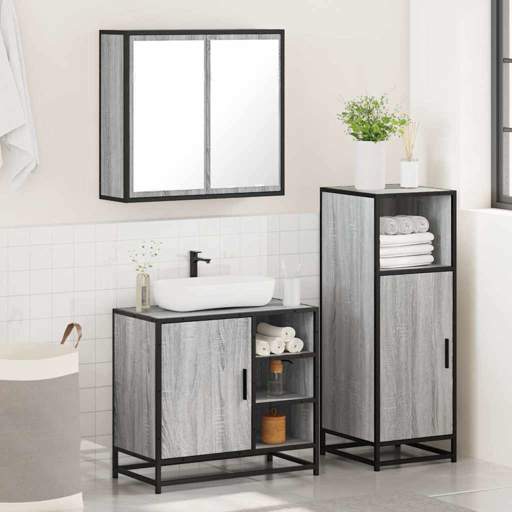 3-delige Badkamermeubelset bewerkt hout grijs sonoma eikenkleur is nu te koop bij PeponiXL, paradijselijk wonen!