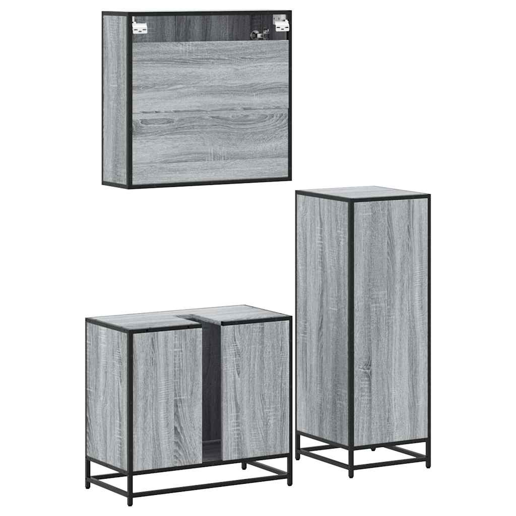 3-delige Badkamermeubelset bewerkt hout grijs sonoma eikenkleur is nu te koop bij PeponiXL, paradijselijk wonen!