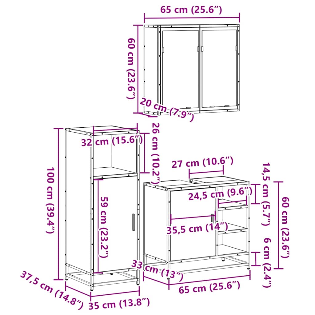 3-delige Badkamermeubelset bewerkt hout grijs sonoma eikenkleur is nu te koop bij PeponiXL, paradijselijk wonen!