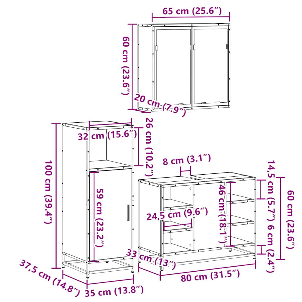 3-delige Badkamermeubelset bewerkt hout sonoma eikenkleurig is nu te koop bij PeponiXL, paradijselijk wonen!