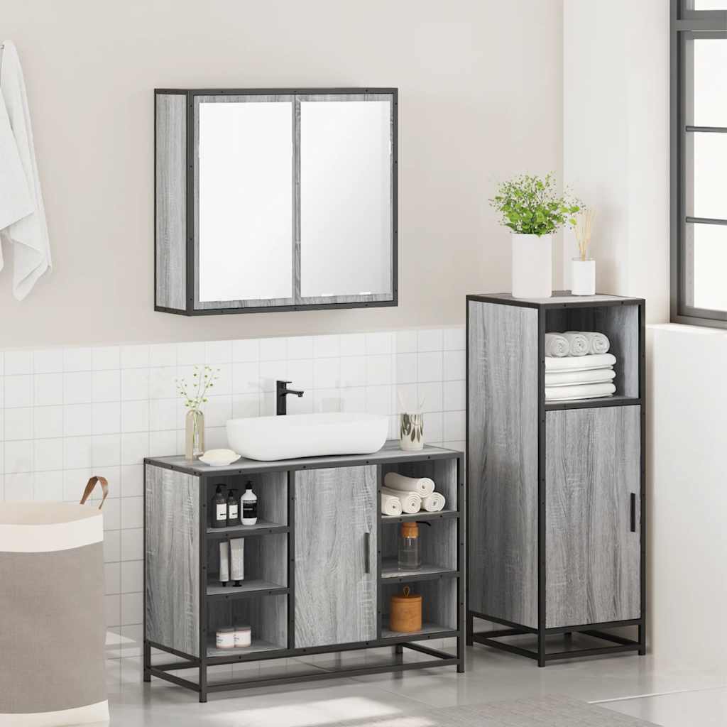 3-delige Badkamermeubelset bewerkt hout grijs sonoma eikenkleur is nu te koop bij PeponiXL, paradijselijk wonen!