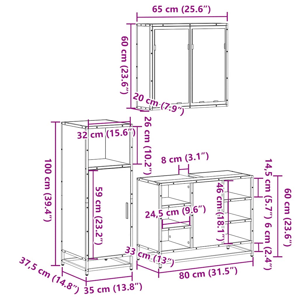 3-delige Badkamermeubelset bewerkt hout grijs sonoma eikenkleur is nu te koop bij PeponiXL, paradijselijk wonen!
