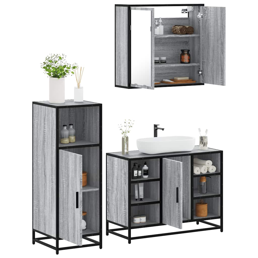 3-delige Badkamermeubelset bewerkt hout grijs sonoma eikenkleur is nu te koop bij PeponiXL, paradijselijk wonen!