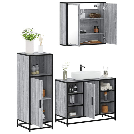 3-delige Badkamermeubelset bewerkt hout grijs sonoma eikenkleur is nu te koop bij PeponiXL, paradijselijk wonen!