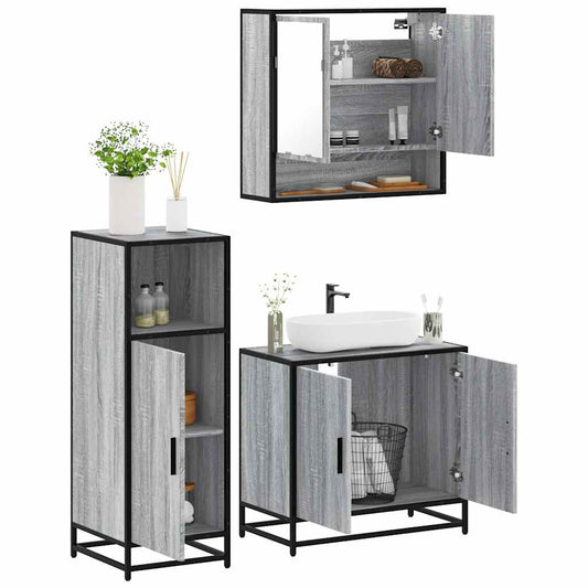 3-delige Badkamermeubelset bewerkt hout grijs sonoma eikenkleur is nu te koop bij PeponiXL, paradijselijk wonen!