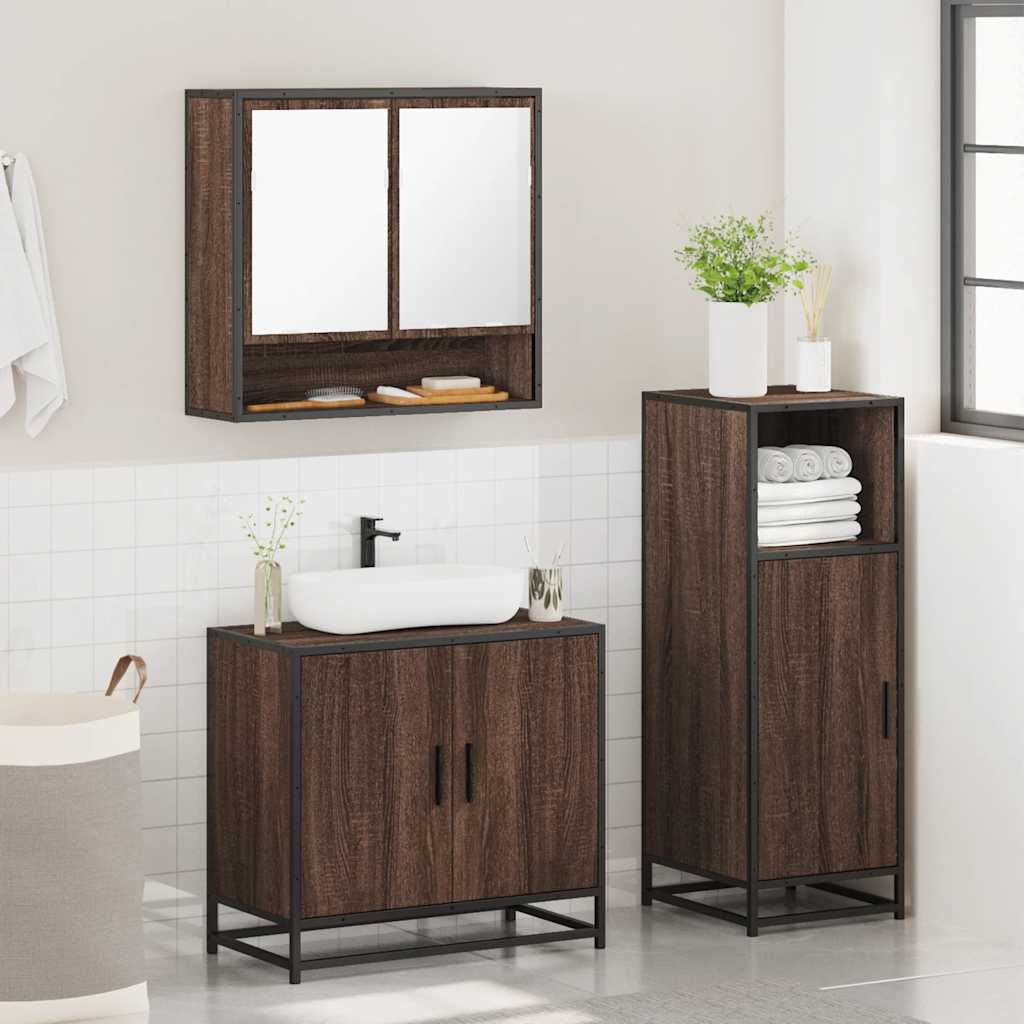 3-delige Badkamermeubelset bewerkt hout bruin eikenkleur is nu te koop bij PeponiXL, paradijselijk wonen!