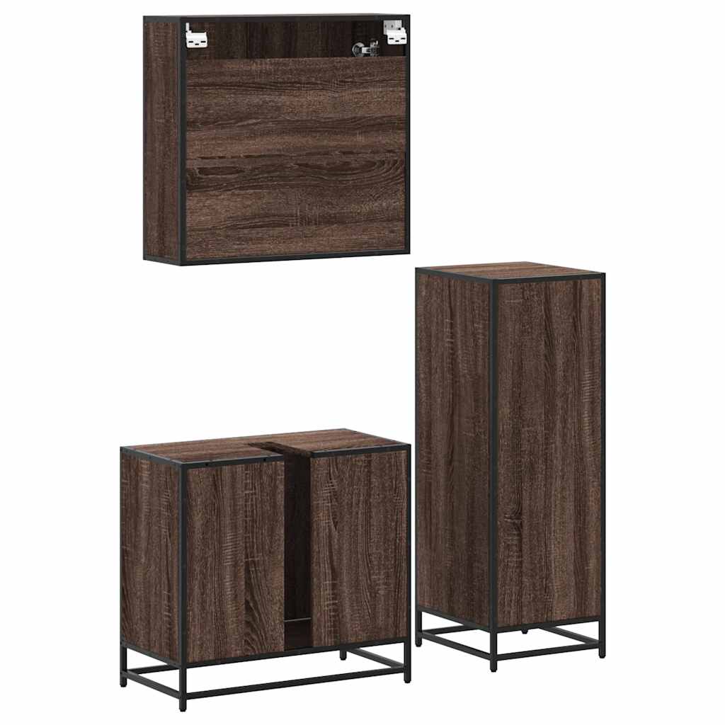 3-delige Badkamermeubelset bewerkt hout bruin eikenkleur is nu te koop bij PeponiXL, paradijselijk wonen!