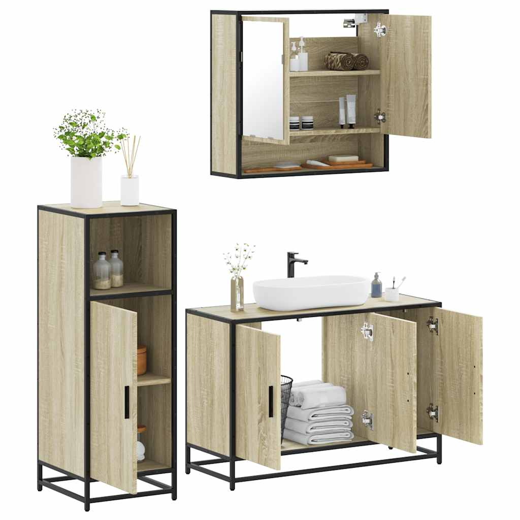 3-delige Badkamermeubelset bewerkt hout sonoma eikenkleurig is nu te koop bij PeponiXL, paradijselijk wonen!