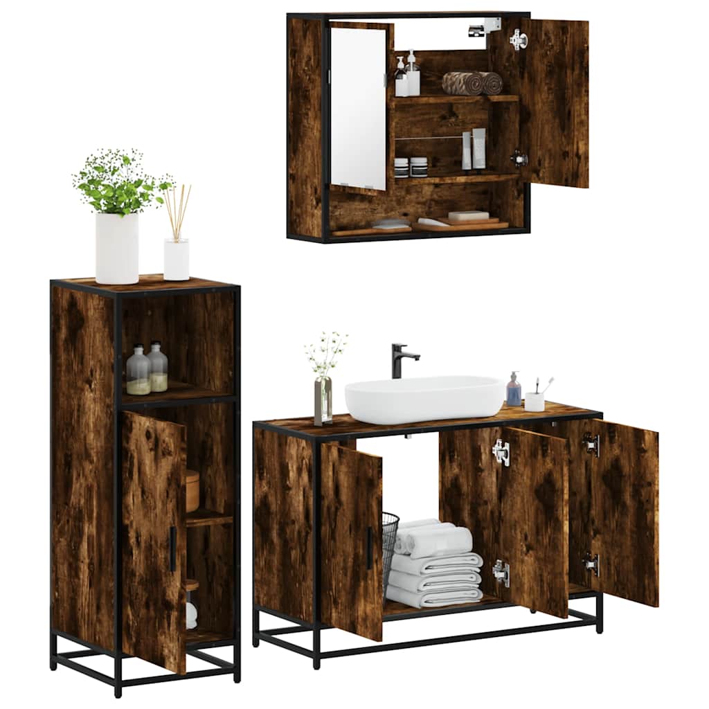 3-delige Badkamermeubelset bewerkt hout gerookt eikenkleurig is nu te koop bij PeponiXL, paradijselijk wonen!