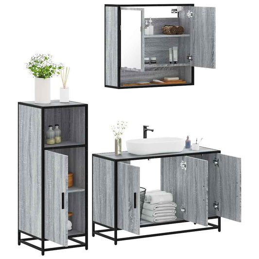 3-delige Badkamermeubelset bewerkt hout grijs sonoma eikenkleur is nu te koop bij PeponiXL, paradijselijk wonen!