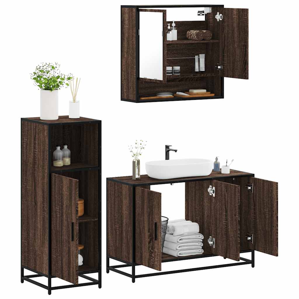 3-delige Badkamermeubelset bewerkt hout bruin eikenkleur is nu te koop bij PeponiXL, paradijselijk wonen!