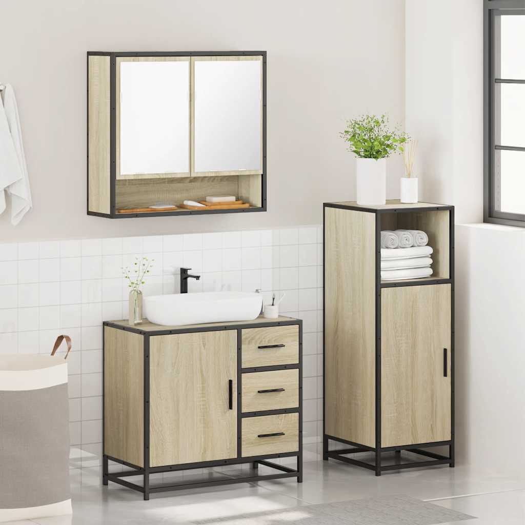 3-delige Badkamermeubelset bewerkt hout sonoma eikenkleurig is nu te koop bij PeponiXL, paradijselijk wonen!