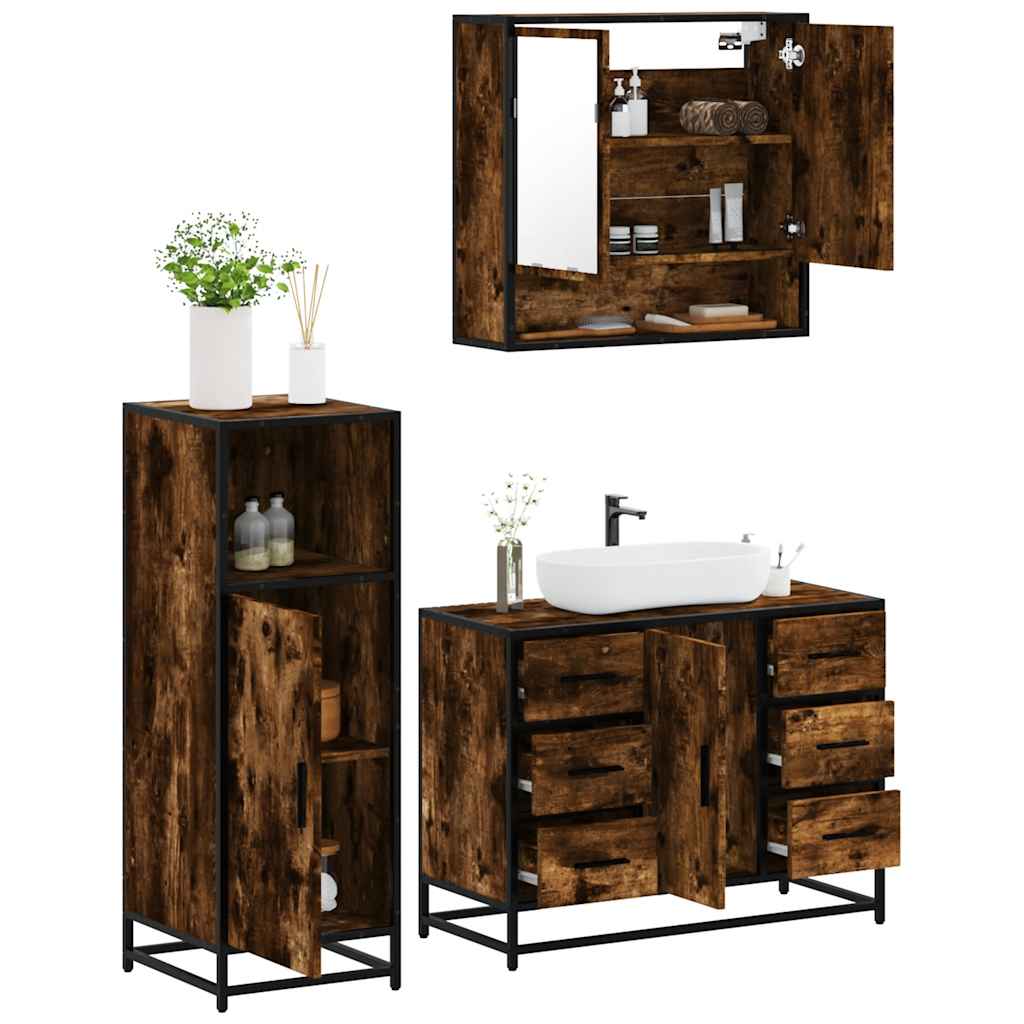 3-delige Badkamermeubelset bewerkt hout gerookt eikenkleurig is nu te koop bij PeponiXL, paradijselijk wonen!