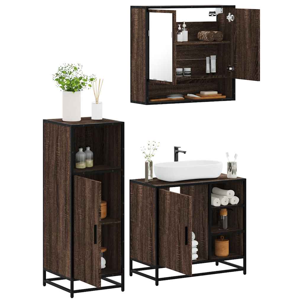 3-delige Badkamermeubelset bewerkt hout bruin eikenkleur is nu te koop bij PeponiXL, paradijselijk wonen!