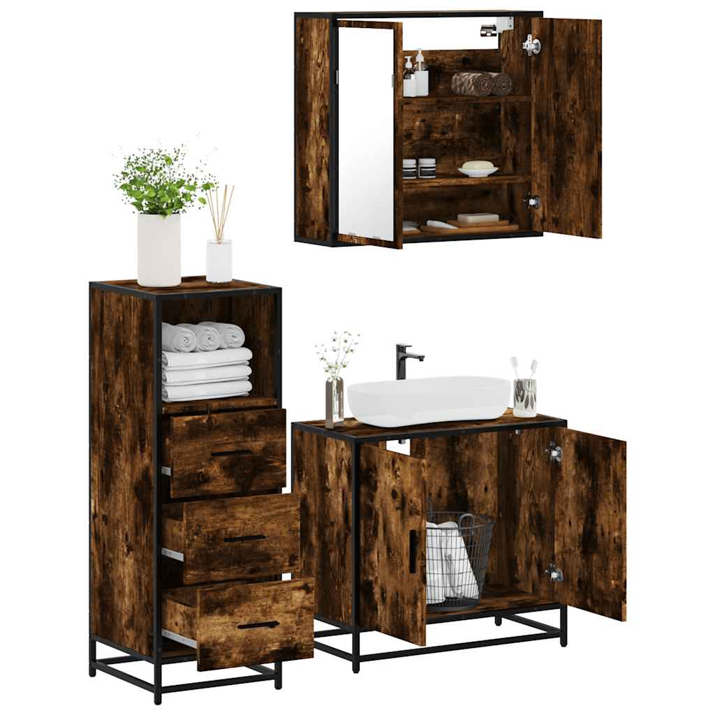 3-delige Badkamermeubelset bewerkt hout gerookt eikenkleurig is nu te koop bij PeponiXL, paradijselijk wonen!