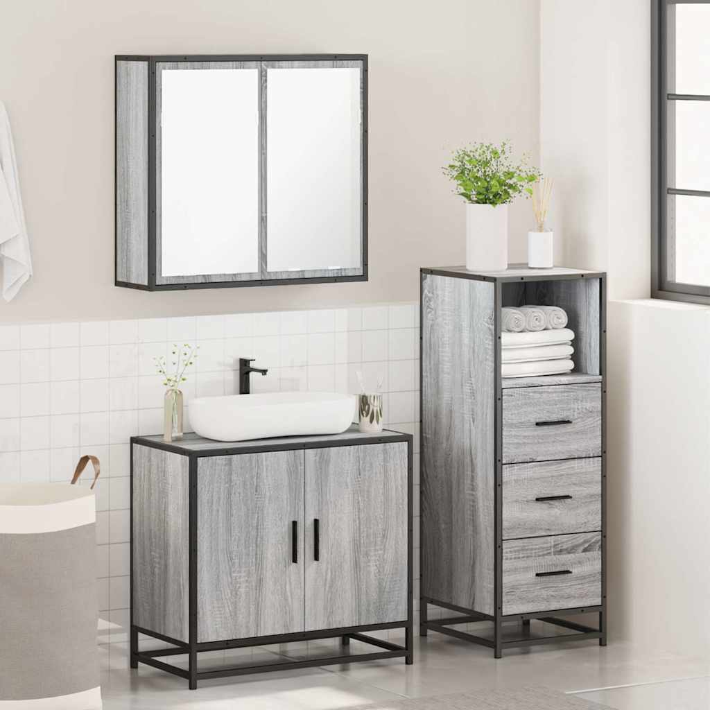 3-delige Badkamermeubelset bewerkt hout grijs sonoma eikenkleur is nu te koop bij PeponiXL, paradijselijk wonen!