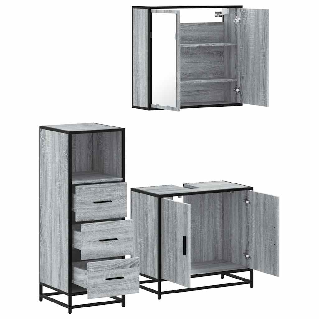 3-delige Badkamermeubelset bewerkt hout grijs sonoma eikenkleur is nu te koop bij PeponiXL, paradijselijk wonen!