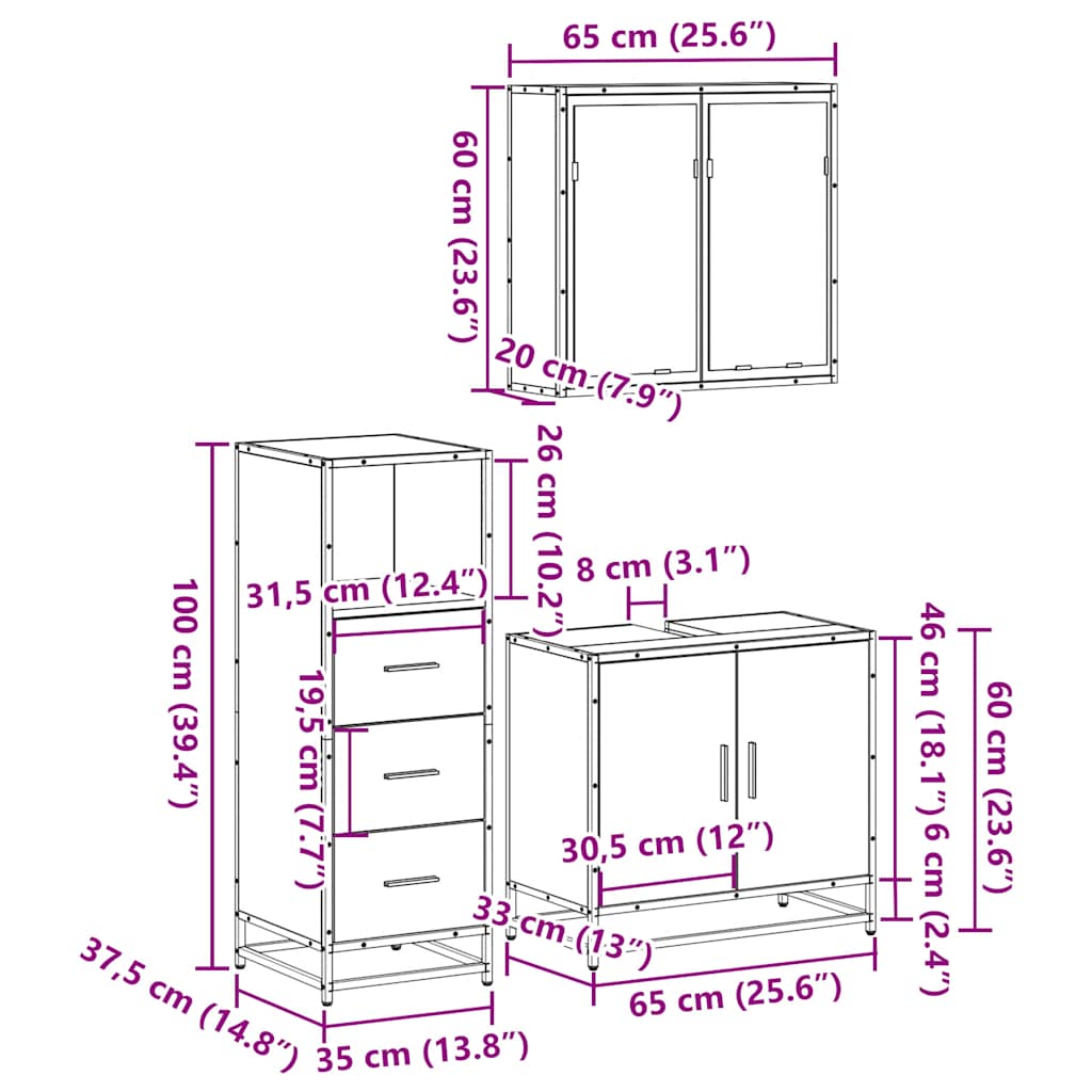 3-delige Badkamermeubelset bewerkt hout grijs sonoma eikenkleur is nu te koop bij PeponiXL, paradijselijk wonen!