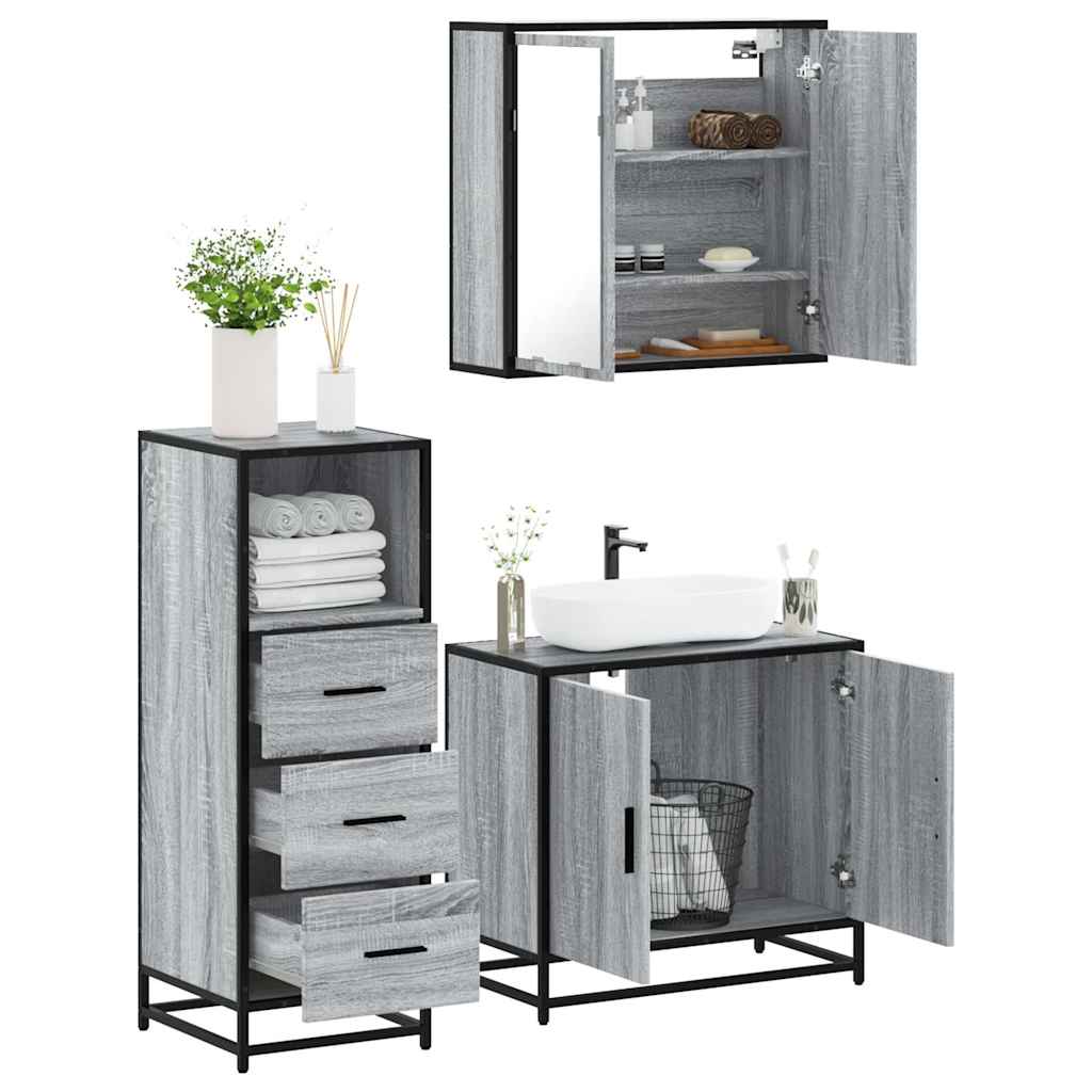 3-delige Badkamermeubelset bewerkt hout grijs sonoma eikenkleur is nu te koop bij PeponiXL, paradijselijk wonen!