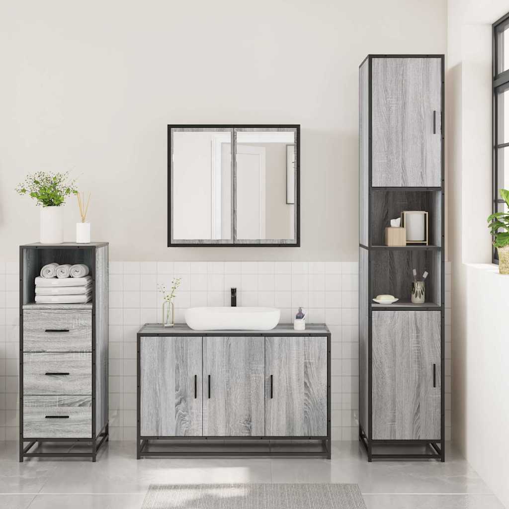 3-delige Badkamermeubelset bewerkt hout grijs sonoma eikenkleur is nu te koop bij PeponiXL, paradijselijk wonen!