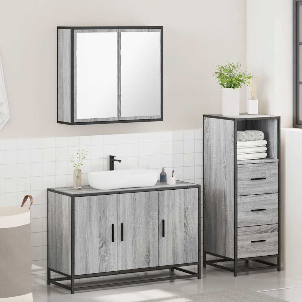 3-delige Badkamermeubelset bewerkt hout grijs sonoma eikenkleur is nu te koop bij PeponiXL, paradijselijk wonen!