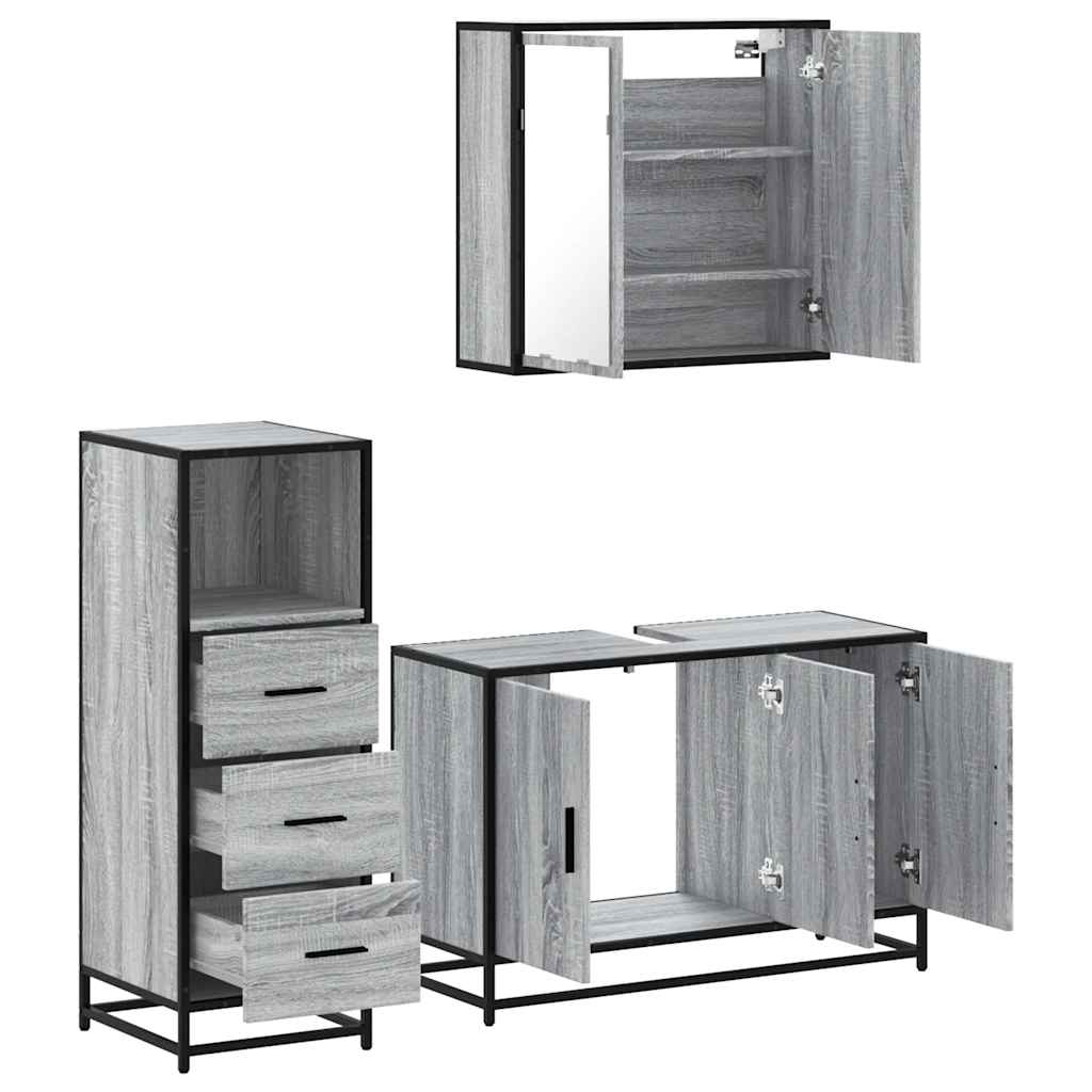 3-delige Badkamermeubelset bewerkt hout grijs sonoma eikenkleur is nu te koop bij PeponiXL, paradijselijk wonen!