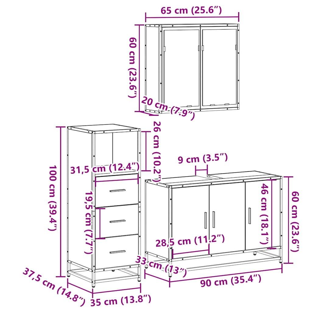 3-delige Badkamermeubelset bewerkt hout grijs sonoma eikenkleur is nu te koop bij PeponiXL, paradijselijk wonen!