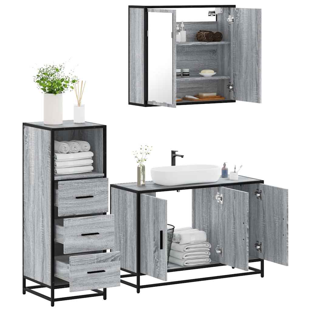 3-delige Badkamermeubelset bewerkt hout grijs sonoma eikenkleur is nu te koop bij PeponiXL, paradijselijk wonen!