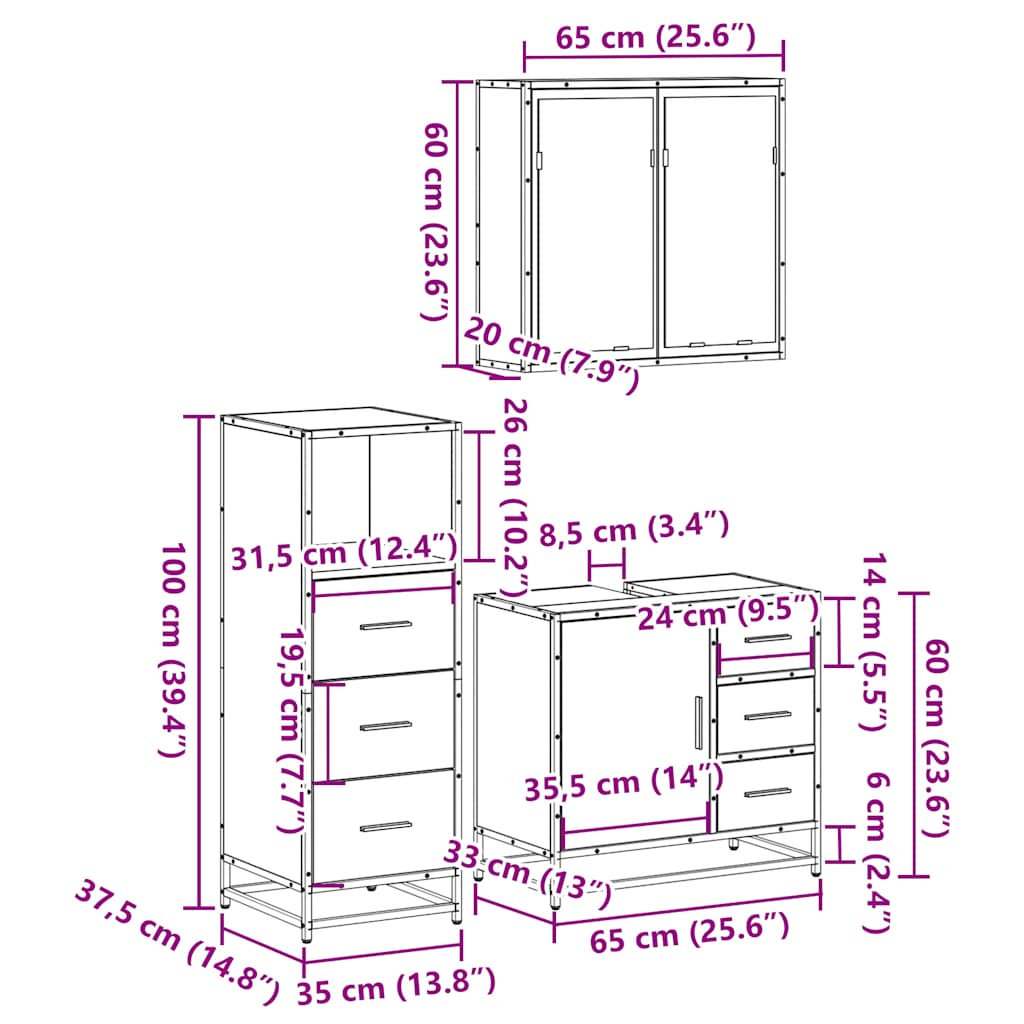 3-delige Badkamermeubelset bewerkt hout gerookt eikenkleurig is nu te koop bij PeponiXL, paradijselijk wonen!