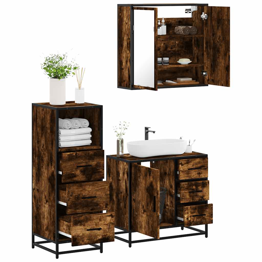 3-delige Badkamermeubelset bewerkt hout gerookt eikenkleurig is nu te koop bij PeponiXL, paradijselijk wonen!