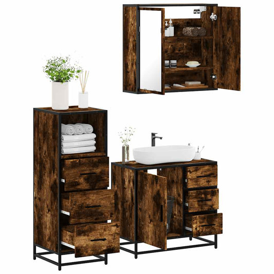 3-delige Badkamermeubelset bewerkt hout gerookt eikenkleurig is nu te koop bij PeponiXL, paradijselijk wonen!