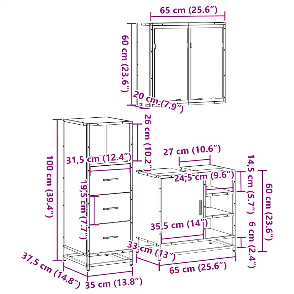 3-delige Badkamermeubelset bewerkt hout gerookt eikenkleurig is nu te koop bij PeponiXL, paradijselijk wonen!
