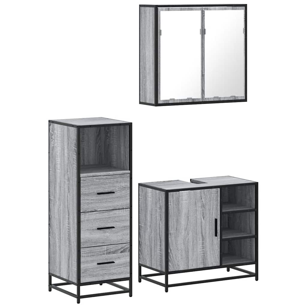 3-delige Badkamermeubelset bewerkt hout grijs sonoma eikenkleur is nu te koop bij PeponiXL, paradijselijk wonen!